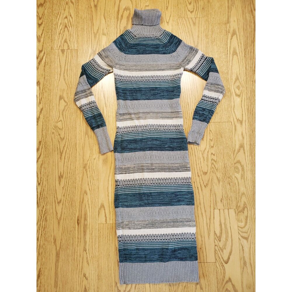 Moda International Womens XS Knit Midi Dress Turtle Neck Striped Y2K Cotton 100%